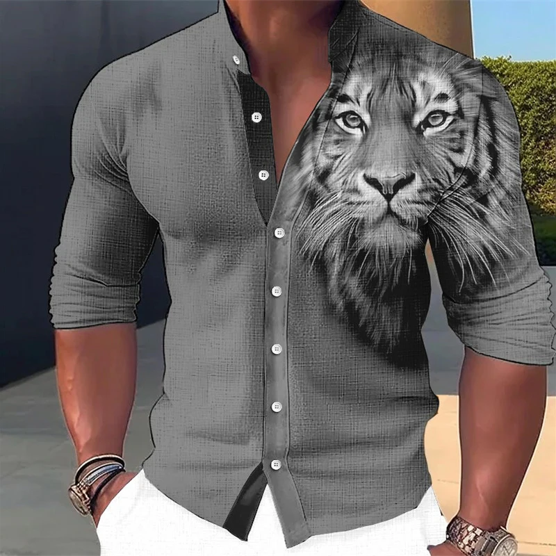 Tiger 3D Printed Shirt Men Spring Autumn Long Sleeve Stand Collar Tops New Fashion Casual Shirts Streetwear Clothing For Mens