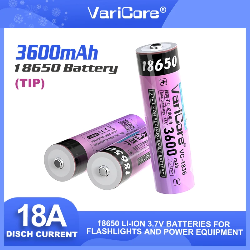 VariCore 新しいオリジナル VC-1836 + チップ 18650 バッテリー 3600mAh 3.7V 高ドレイン 18A リチウムイオン充電式懐中電灯 Vape パワーバンク用