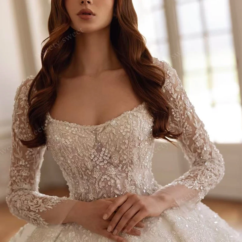 Блестящее свадебное платье с кружевной вышивкой и бисером, бальное платье принцессы с длинными рукавами и квадратным воротником, индивидуальное платье невесты на шнуровке