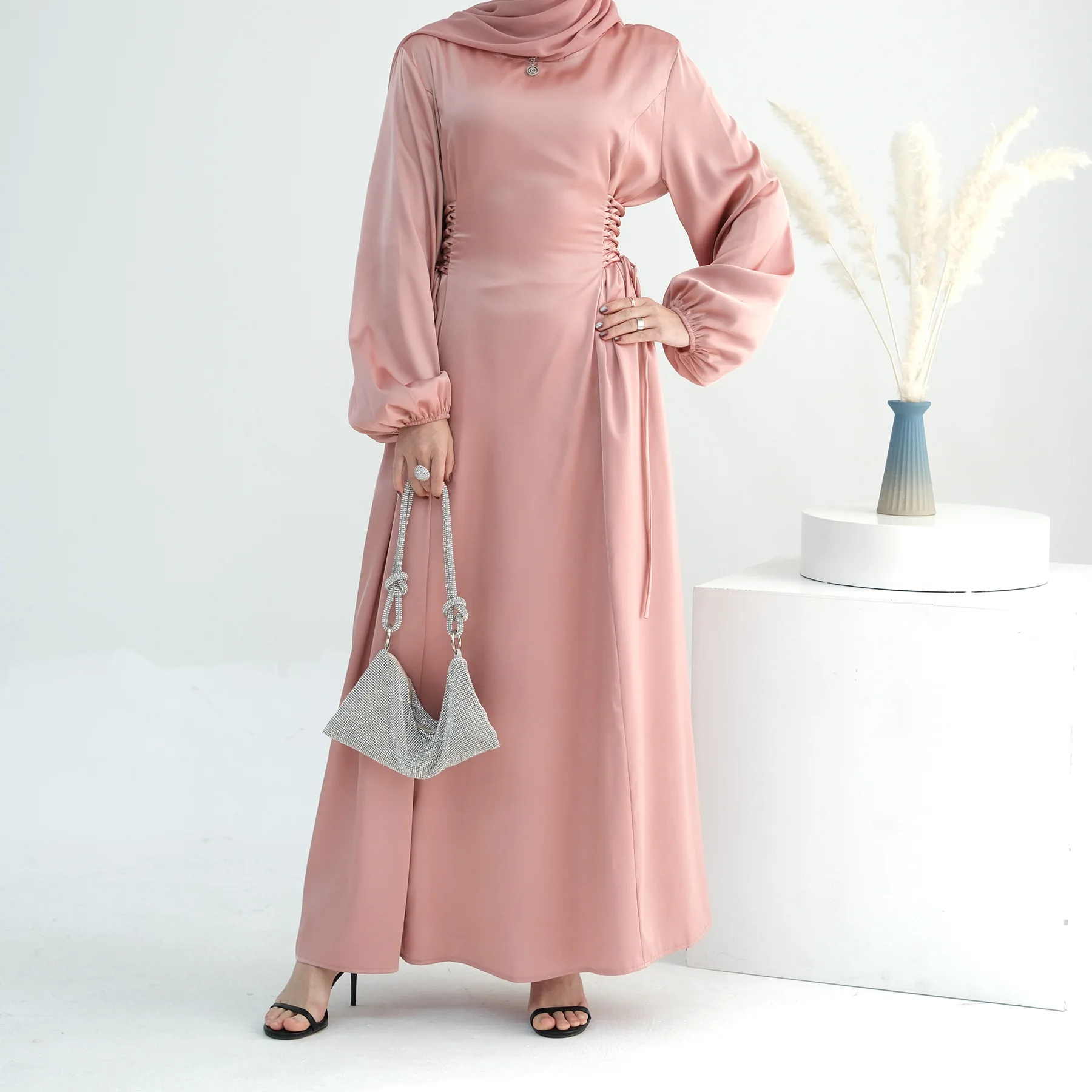 2024 New Satin Dress for Muslim Women Solid Color High Neck Lace Up Elegant Female Dresses Islam Arabic Party Clothing