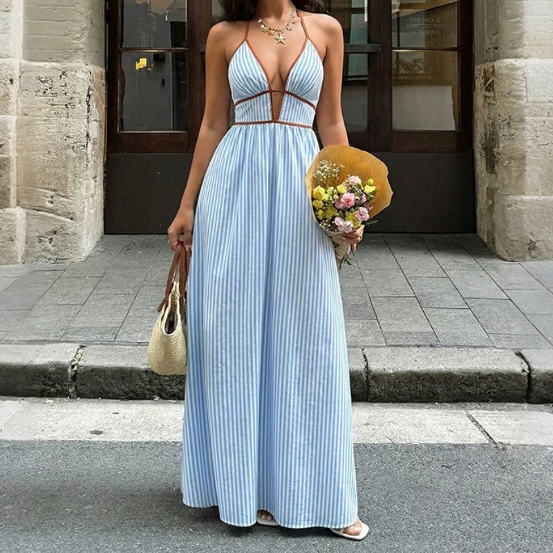 

New Summer 2026 Deep V-neck Striped Vacation Dress with Backless Sleeveless Hanging Neck Long Skirt