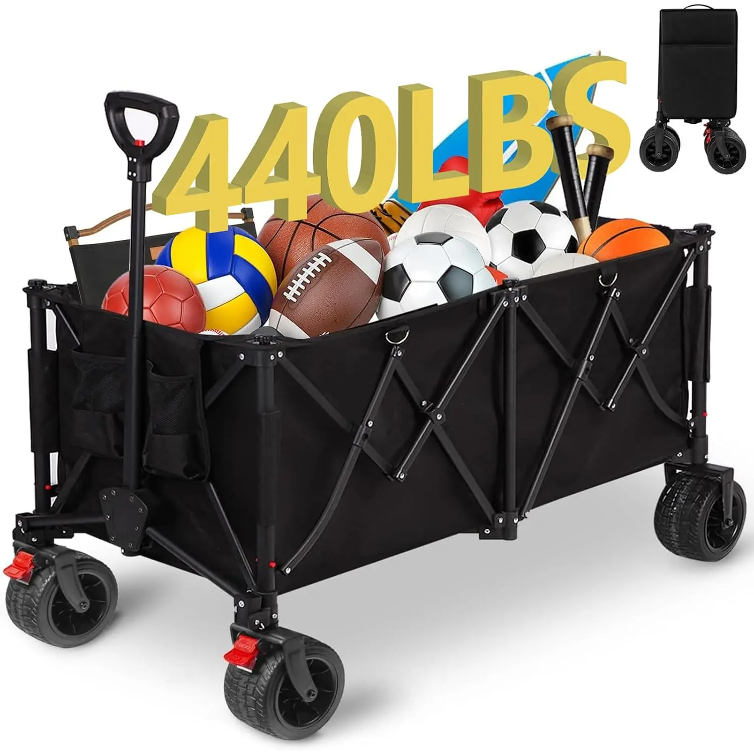 Heavy Duty Collapsible Wagon Cart 440lbs 260L Big All-Terrain Wheels Sports Beach Grocery Camping, Customized
