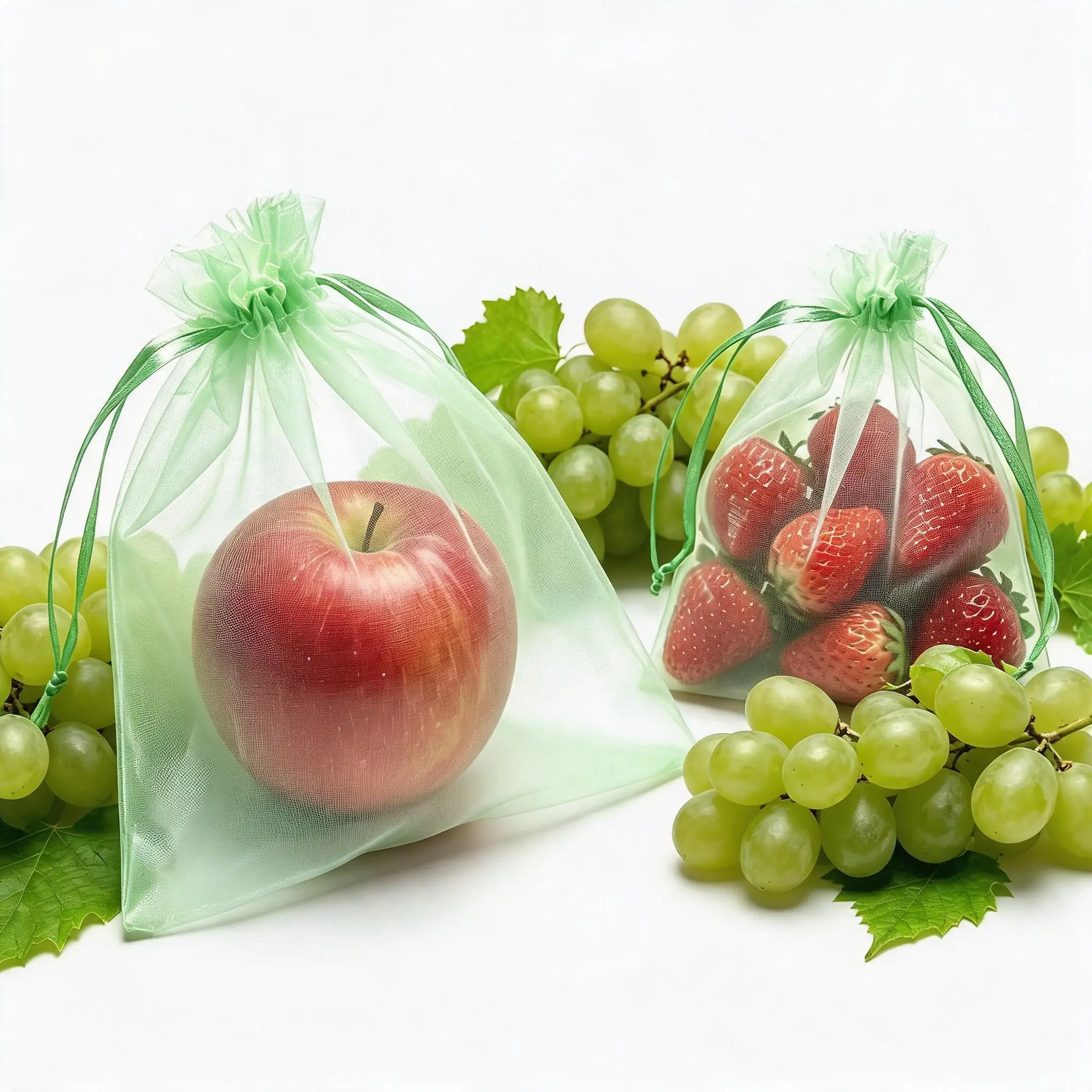 25pcs White Green Fruit Vegetable Dustproof Mesh Bags Grape Plant Protection Drawstring Pouches Garden Storage Netting Bags