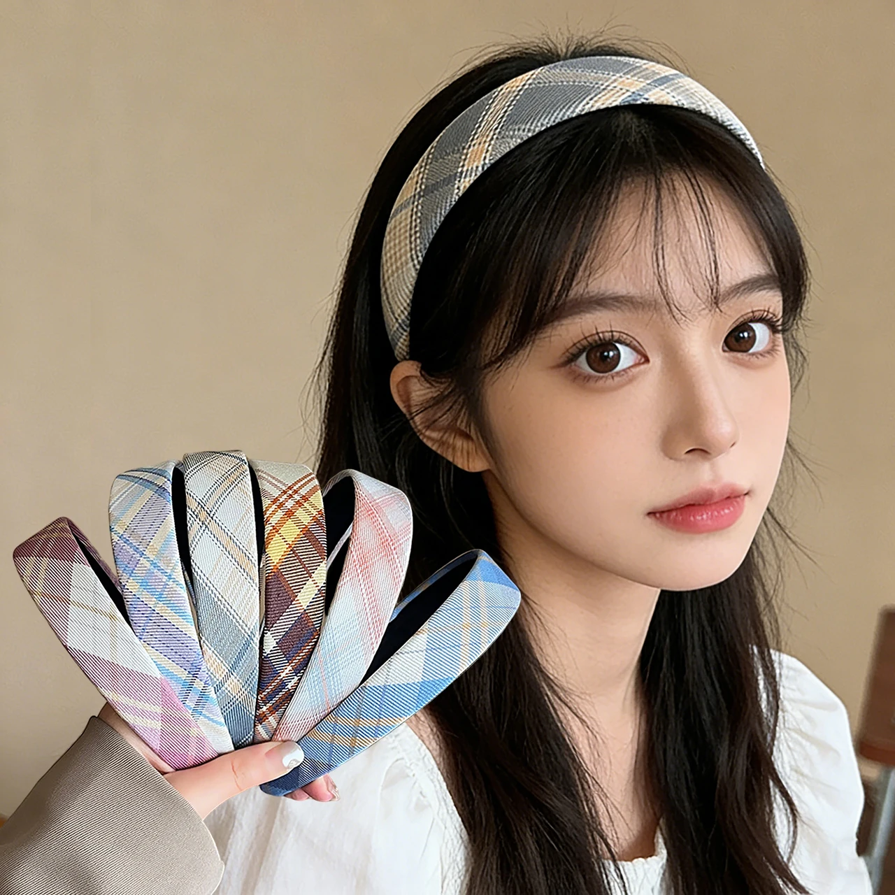 

JK Checkered Hairband for Girls Hair Hoops Wide Headband Minimalist Face-Framing Accessory Photo Props Headdress Women Headwear