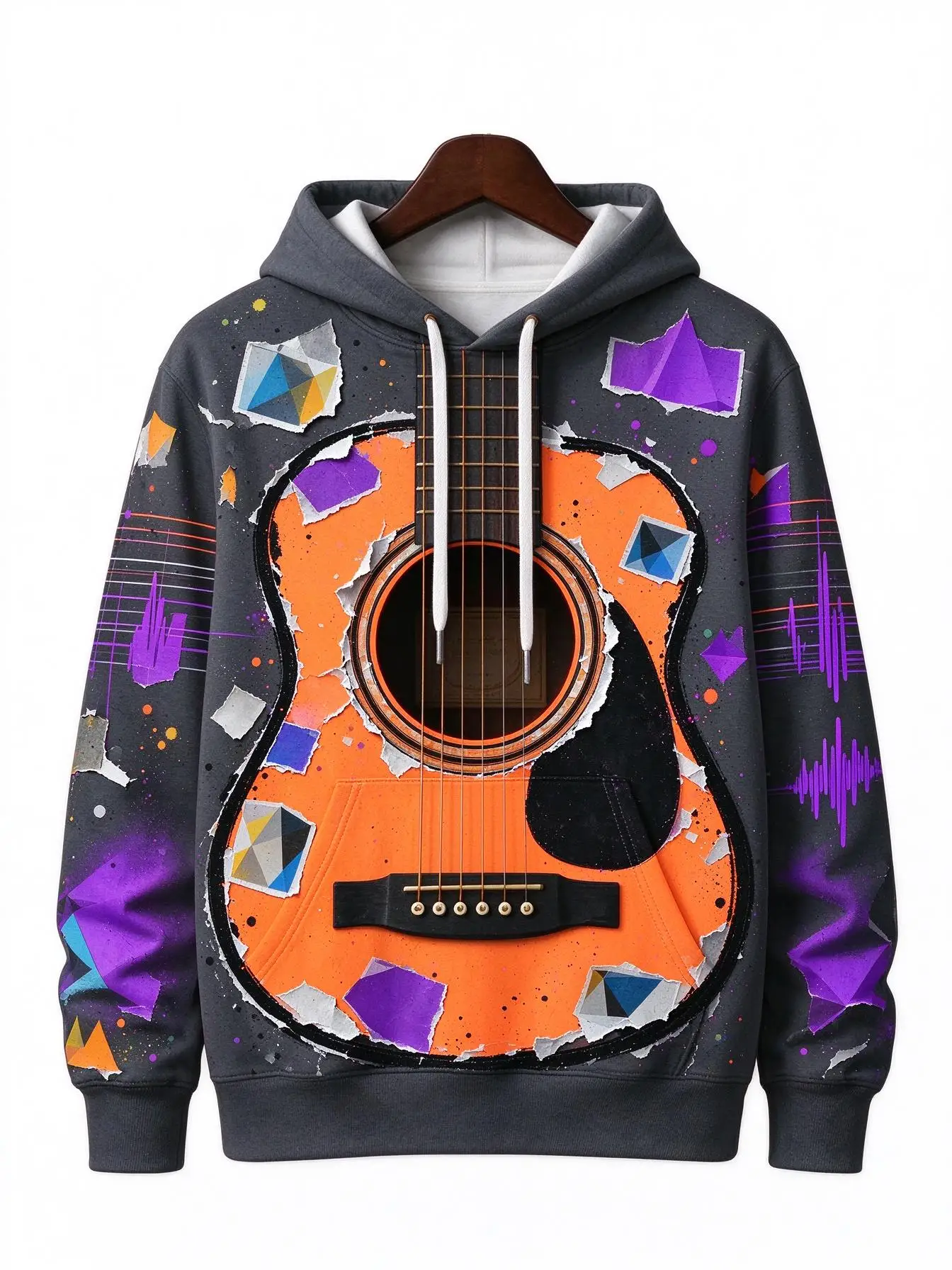 Men's Hoodie Color Splash Torn Paper Guitar Audio Wave Graphic Thin Hooded Sweatshirt Loose Fashion Autumn Winter Men‘s Clothes