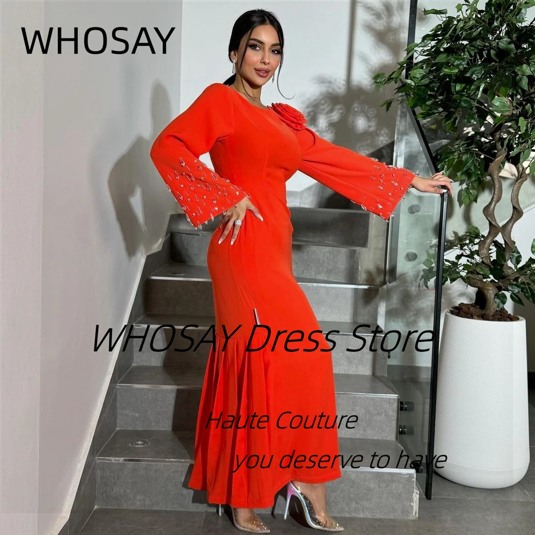 WHOSAY-Vestidos De Fiesta hechos a mano con cuentas para mujer, Vestidos De fiesta De noche De manga larga con cuello redondo De flores, Vestidos De Noche De Arabia Saudita