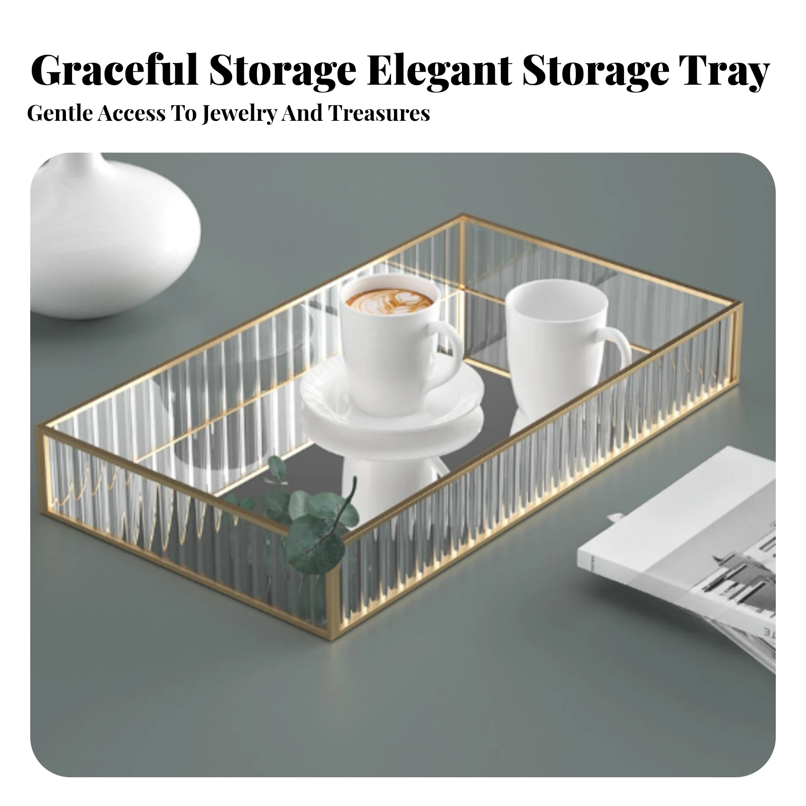 Ribbed Glass Vanity Tray Gold-Tone Glass Tray with Brass Frame Geometric Cosmetic Organizer Open-Top Decorative for Dresser