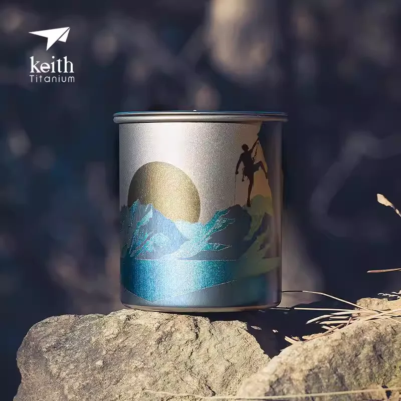 Keith New Lightweight Portable Climbing Camping Titanium Bottle Oxidation Carving Technology Pure Titanium Folding Titanium Cup