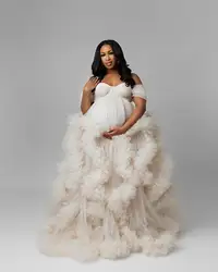Ivory Maternity Dresses for Photoshoot Baby Shower Sexy Off the Shoulder Tiered Ruffles Tulle Bridal Prom Gown Women Pregnant