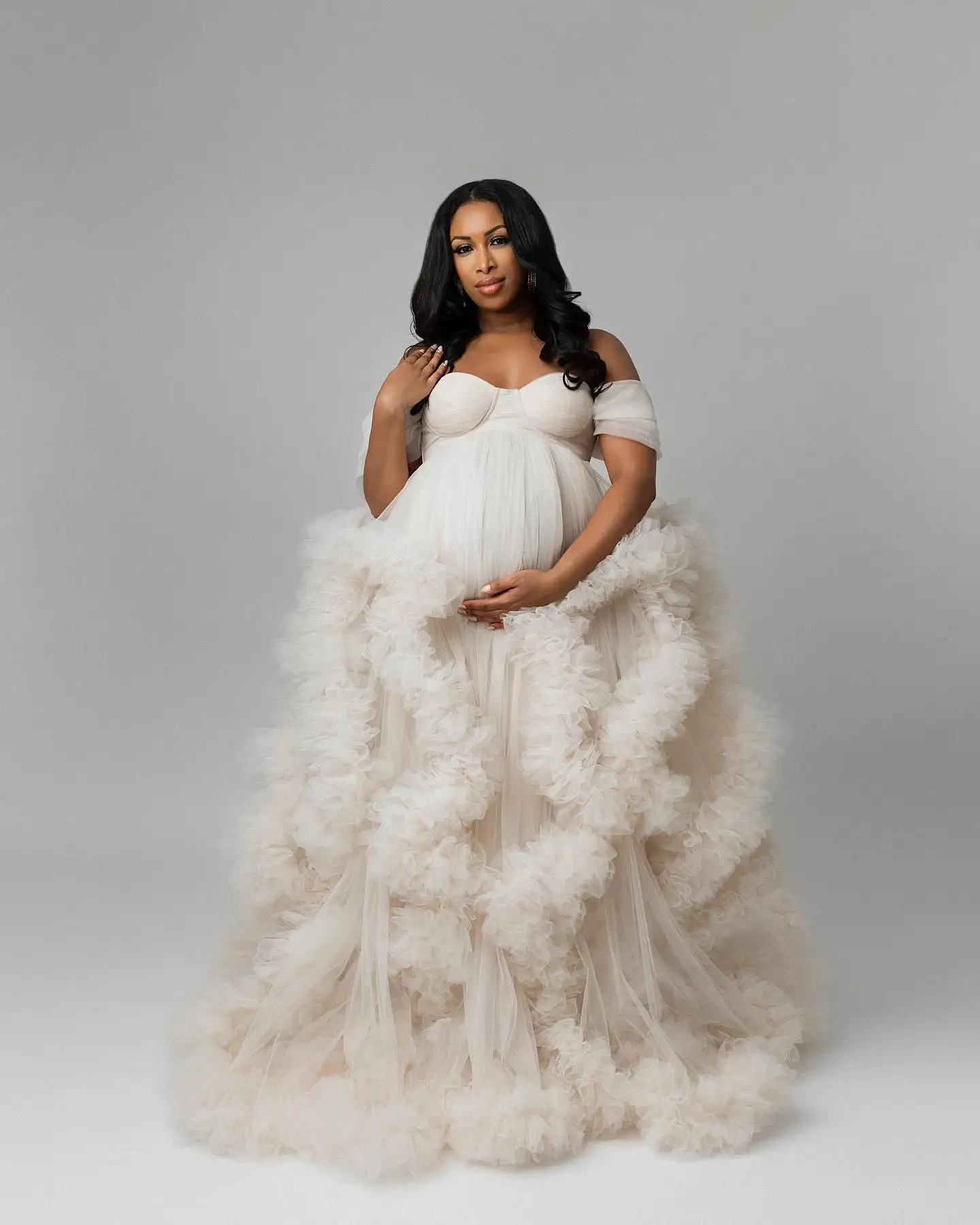 Ivory Maternity Dresses for Photoshoot Baby Shower Sexy Off the Shoulder Tiered Ruffles Tulle Bridal Prom Gown Women Pregnant