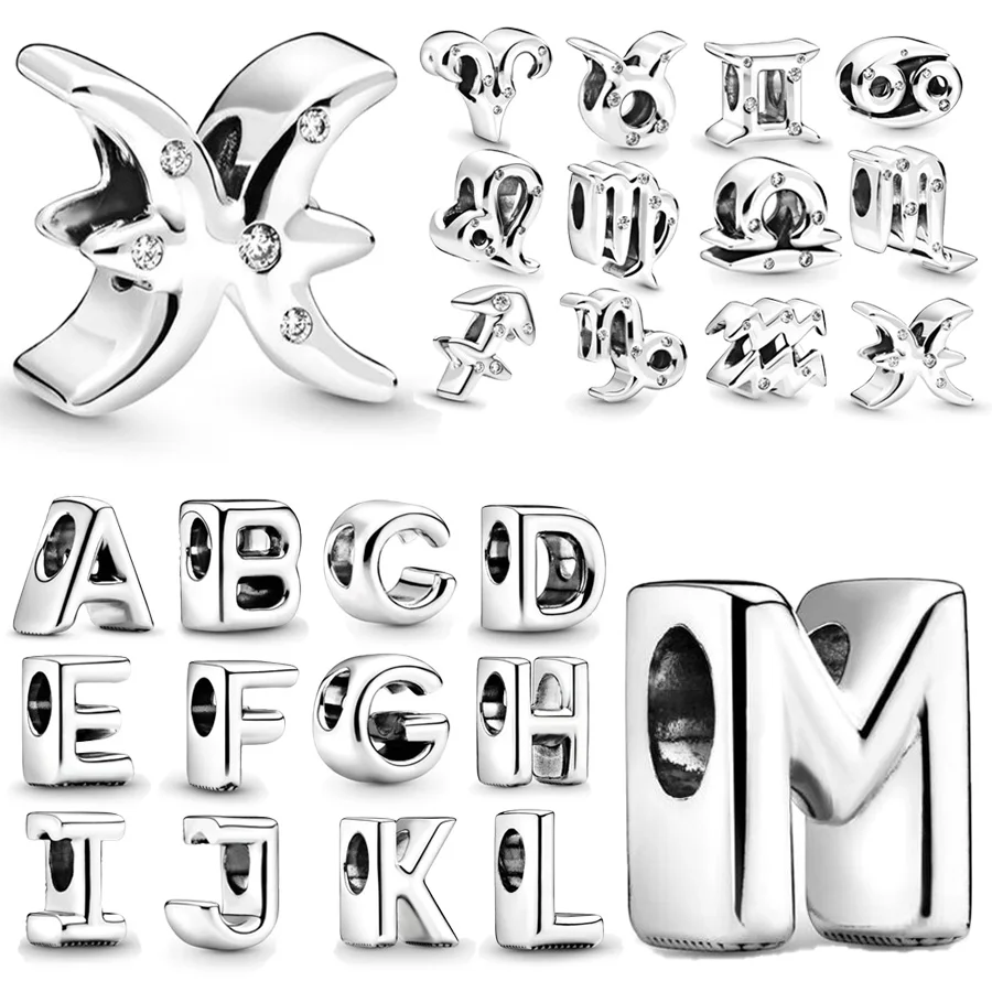 Hot Sale 26 Letters Alphabet A-Z & 12 Zodiac Constellations Charm Bead Fit Original European Silver 925 Bracelet Fashion Jewelry