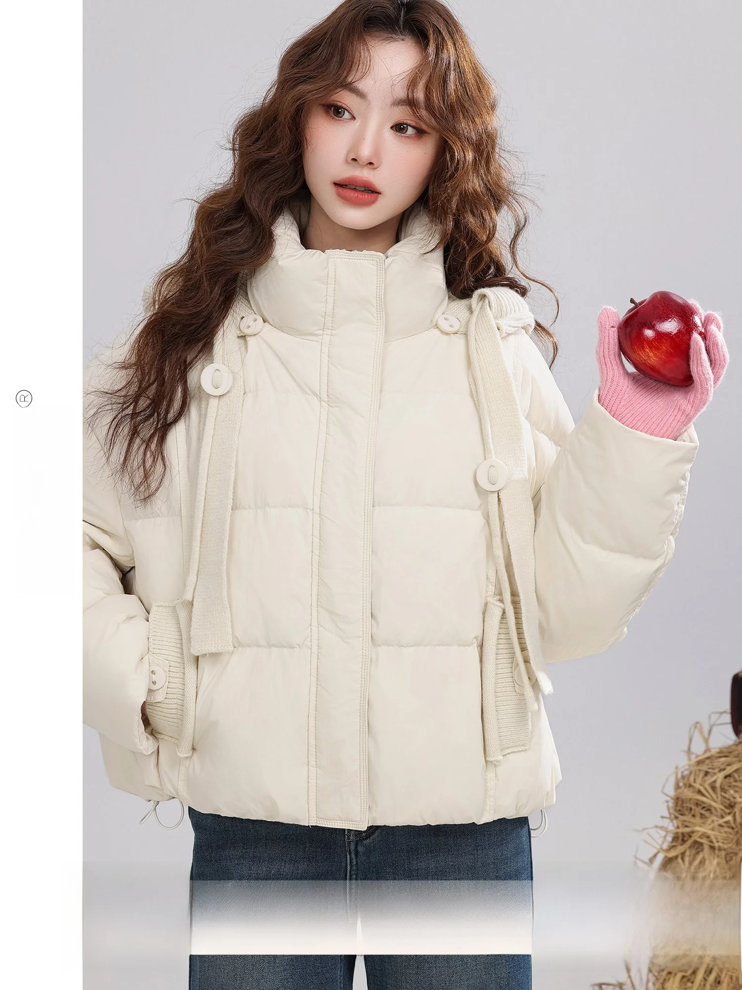 

Snow Color Immersed Soft Retro Beige Stand Collar Hooded down Jacket Women's Winter New Style Versatile Outerwear Coat
