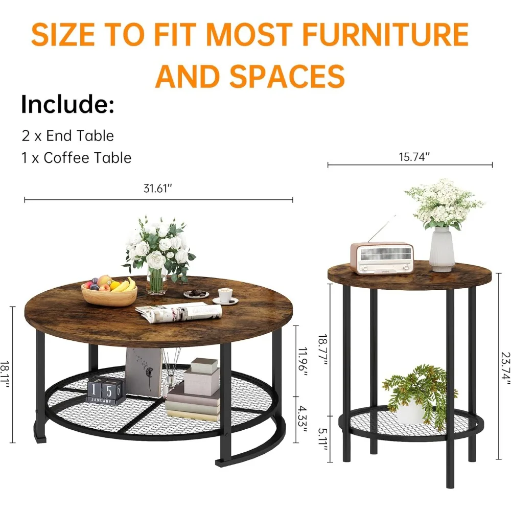 Modern 3-Piece Living Room Coffee and End Table Set with Round Design and Ample Storage