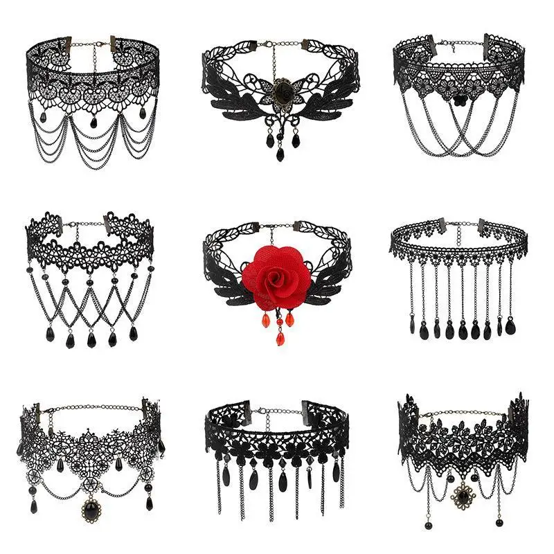 Lady Chokers Leaf Tassel Women Neck Jewelry Accessory Girl Lace Gothic Vintage Sexy Fashion Velvet Rose Beads Flower Necklace