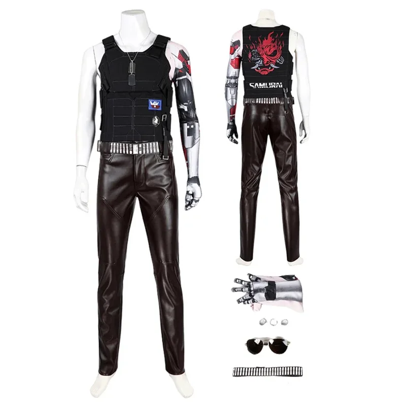 

Game 2077 Cosplay Johnny Male Adult Coplay Silverhand Role Play Costumes Glass Glove Vest Disguise Halloween Carnival Fancy Suit