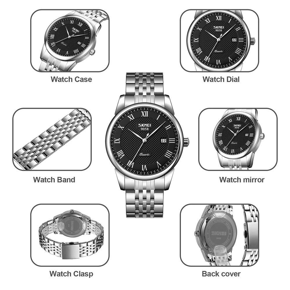 SKMEI Fashion Luxury Design 3Bar Waterproof Time Date Wristwatches Business Quartz Movement Watches For Men Women Simple Watch