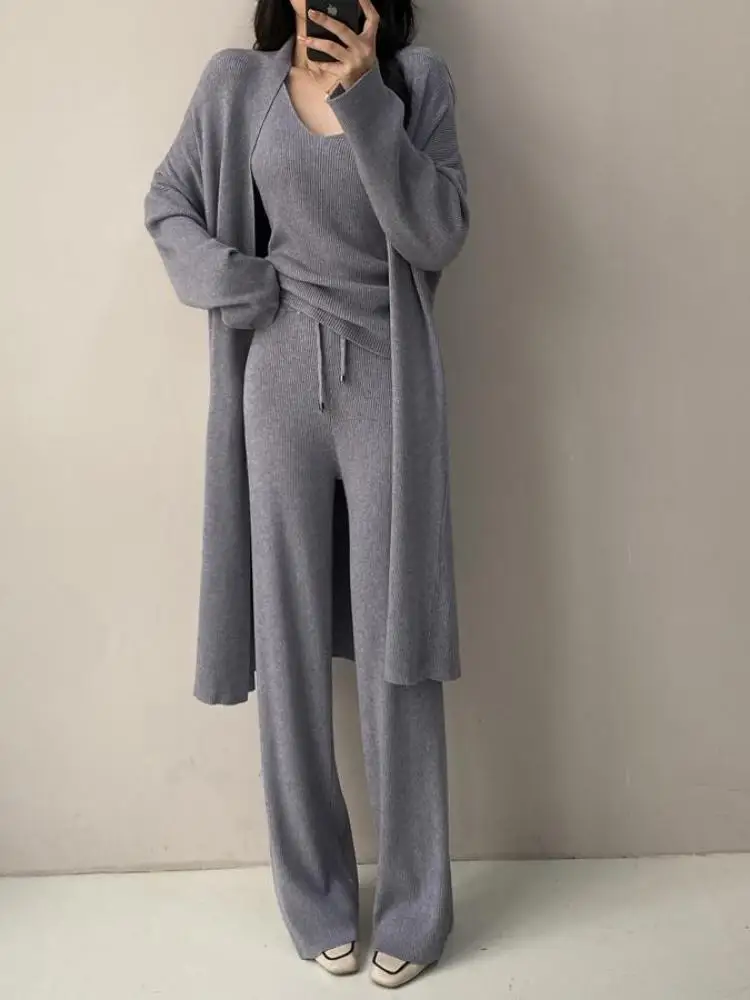 

Autumn Winter Gray Brown Short Knit V-neck Vest+ Drawstring Lace-up Wide Leg Pant And Sweater Cardigan Long Coat Three Piece Set