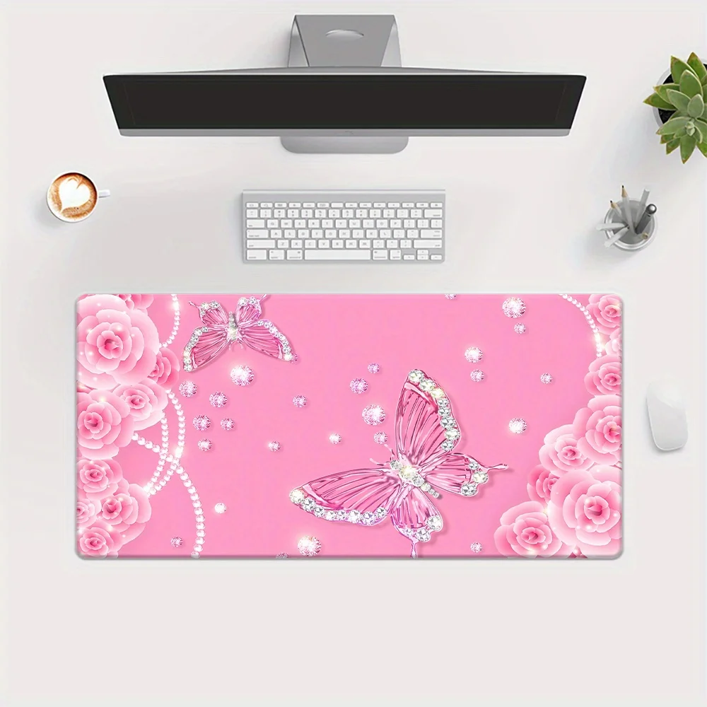 1pc Pink Rose Romantic Diamond Butterfly Gaming Mouse Pad, HD Printed Pad for Desk, Multi Functional XXL Mousepad, Keyboard Gami