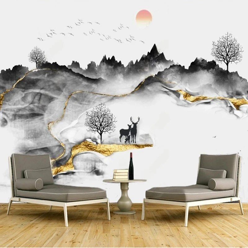 New Chinese Style Wallpaper Deer Photo Mural Ink Landscape Forest Mountain Painting Wardrobe Home Decor Wall Art 3D