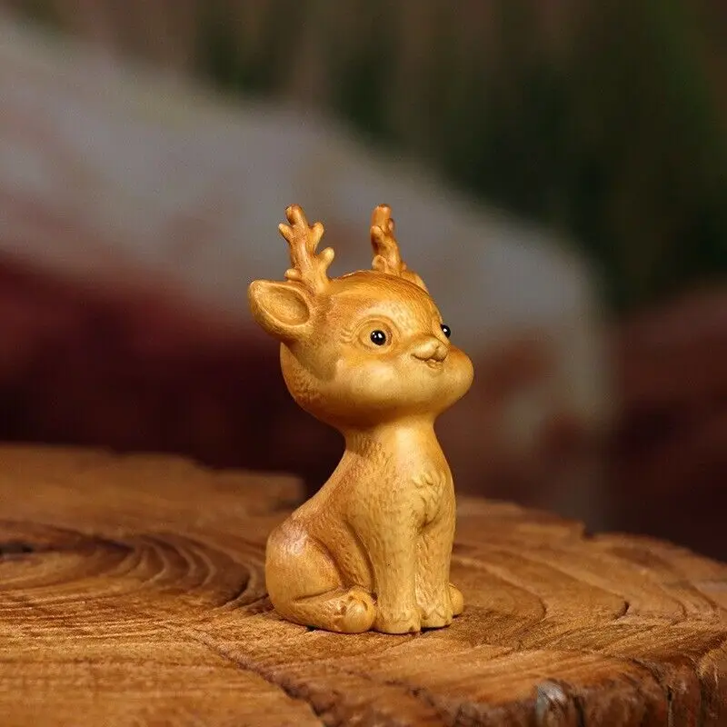 8X4X3.9 cm Carved Boxwood Figurine - Pretty Deer Home Desktop Decor