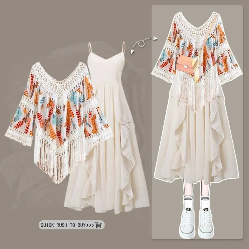 2025 ฤดูร้อนโบฮีเมียนพิมพ์ผ้าคลุมไหล่สลิงชุดชีฟอง 2 ชิ้นชุดผู้หญิงหลวม V คอเสื้อ Camisole ชุดชุด