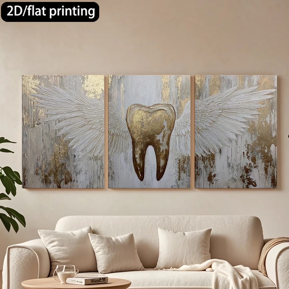 

2D плоская печать, 3-х частная декоративная картина на холсте в деревянной раме. Золотой зуб, ангельские крылья. Декор для коридора и спальни.