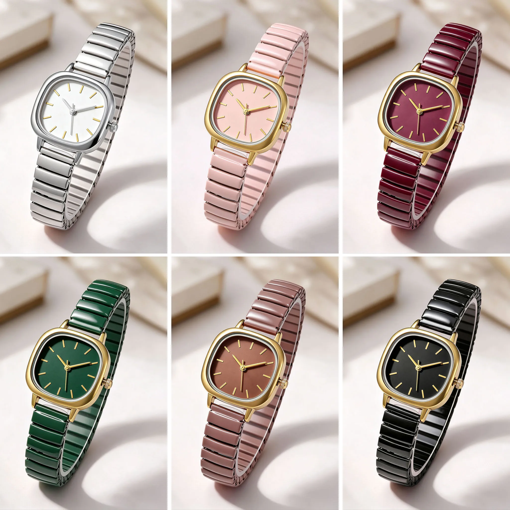 Minimalist Square Women Quartz Wristwatch Silver Alloy Rounded Square Case Bar Index Elastic Strap Ladies Watch