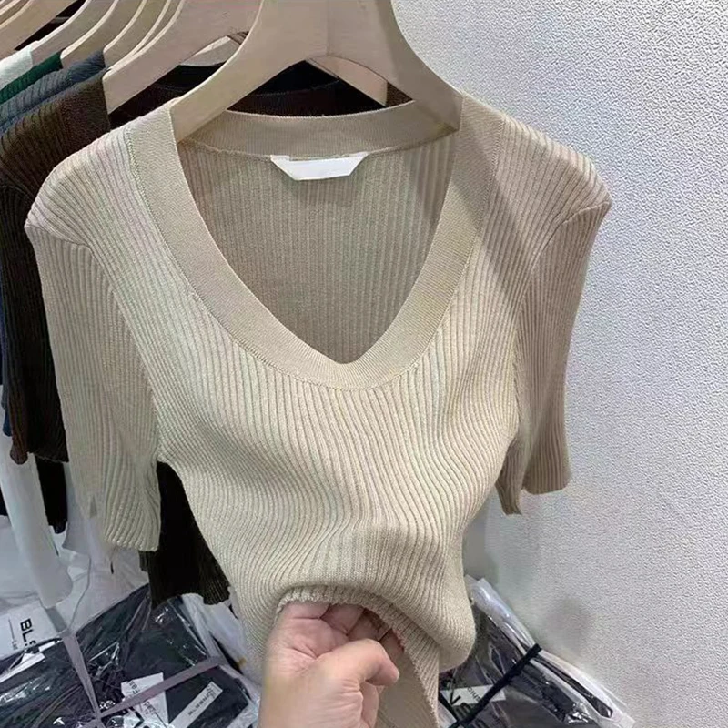 Women\'s T-shirts Knit Top Short Sleeve Black White Knitted Casual Tees Summer Clothes 2024 Basic Tshirts Tee Shirt Femme Tops