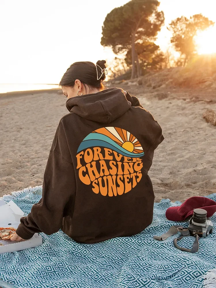 Forever Chasing Sunset Print Women Hoodie Long Sleeves Pocket Sweatshirt Trend Casual Female Cotton Tops Fashion Alphabet Clothe