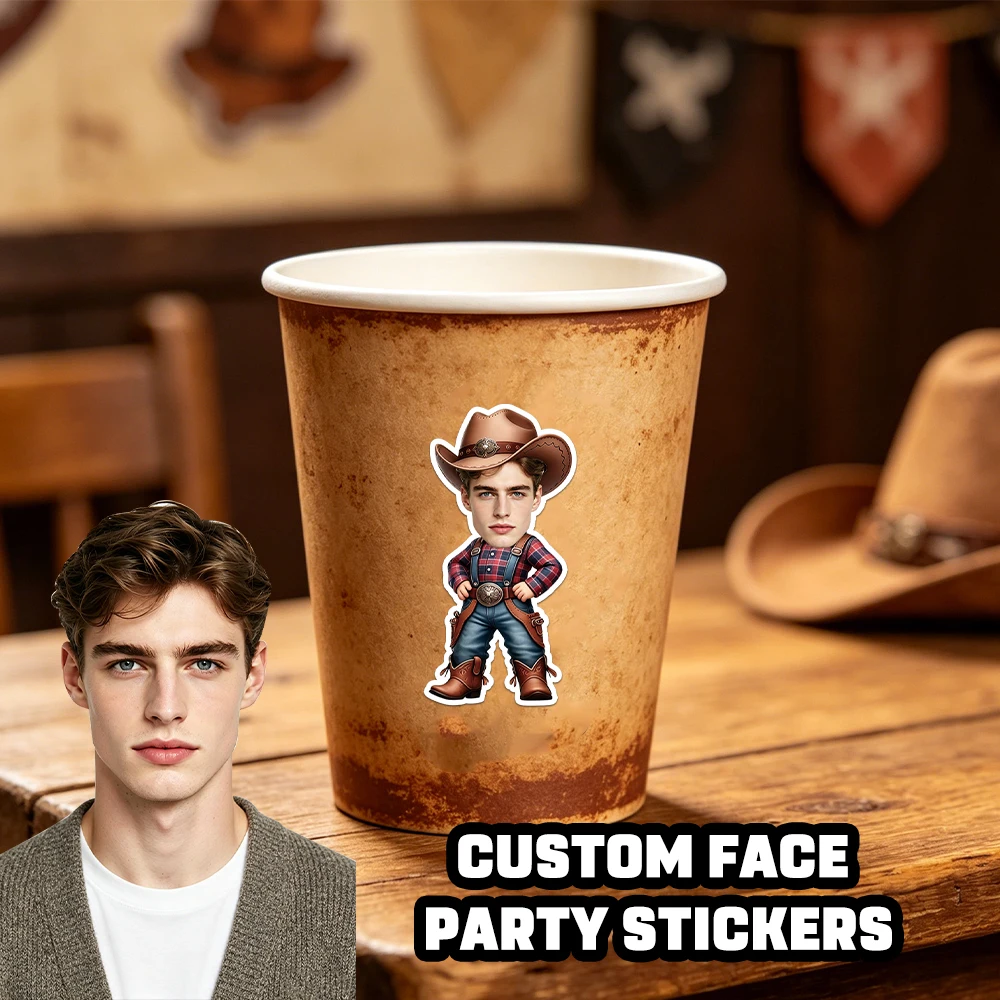 20 Stück Individuelle Cowboy-Geburtstagsaufkleber, Western-Thema Personalisierte Gesichtsfoto-Aufkleber
