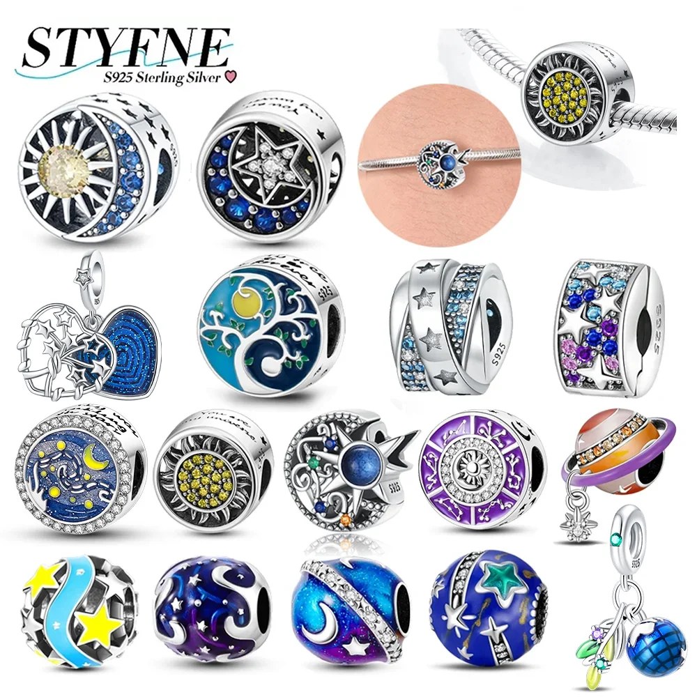 Colorful Zircon Planetary Space Starry Sunflower Beads Charms Fit Diy Original Bangle Bracelet 925 Silver Women Jewelry Gift