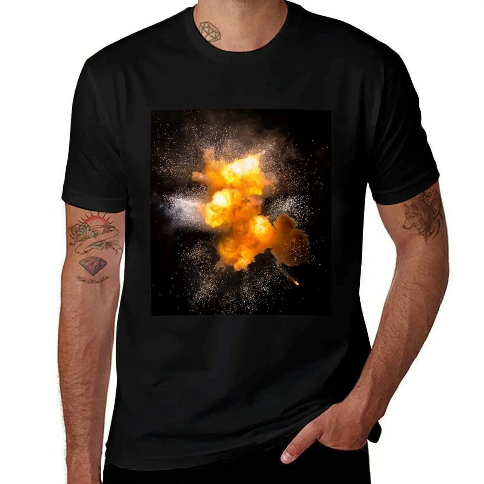 Realistic fiery explosion with sparks over a black background, high resolution image T-Shirt