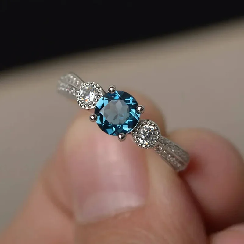 

Minimalist 925 Silver Wedding Rings for Women Round Blue Cubic Zirconia Simple Elegant Female Accessories Fashion Jewelry