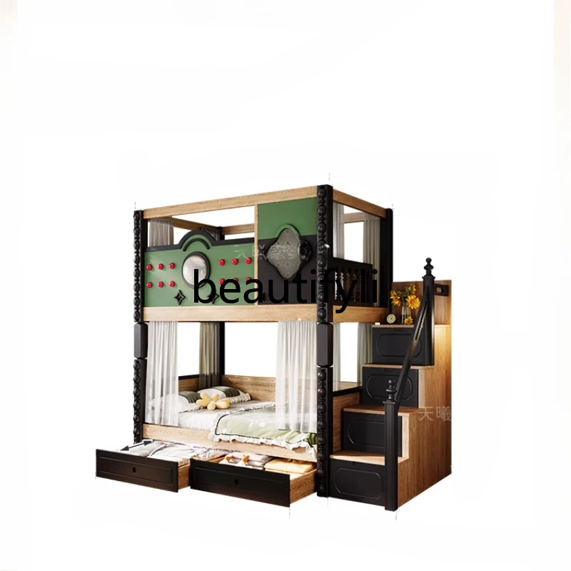 

upper and lower double-layer multi-functional all-solid wood child and mother slide bed upper and lower bunk sister bed double