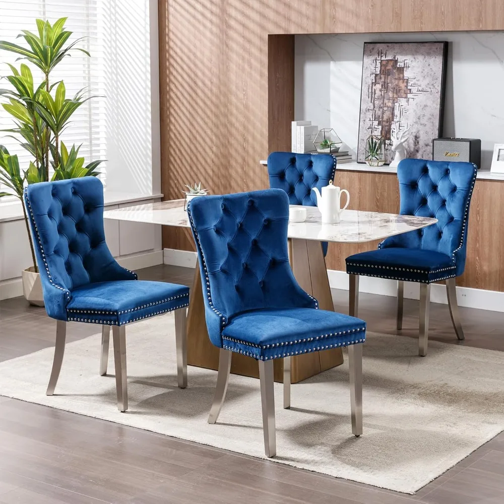 Blue Velvet Dining Chairs Set of 6, Kitchen & Dining Room Chairs Set of 6, Tufted Dining Chairs