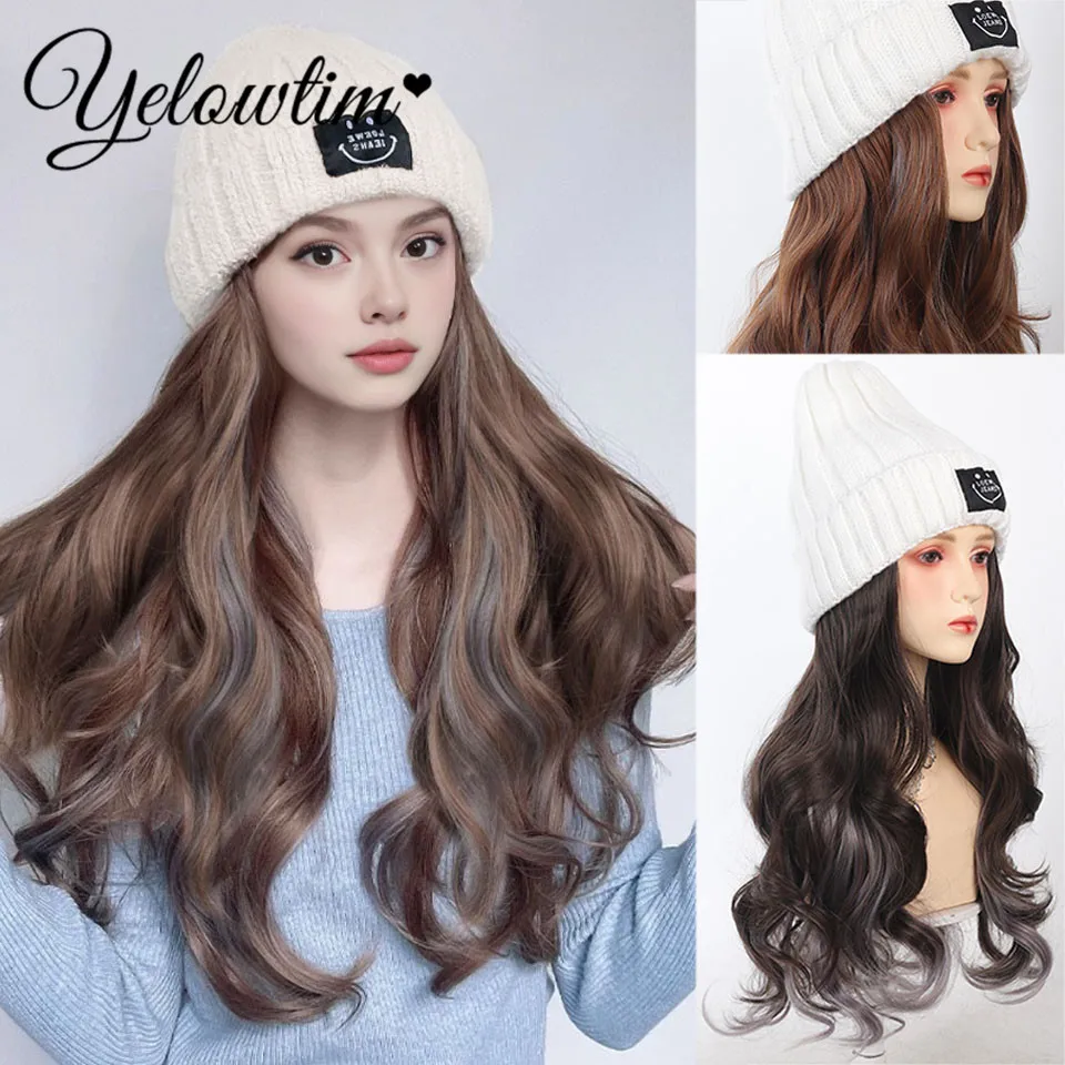 Synthetic 18 inch knitted hat with long curly hair hat wig, wavy wig, winter wig, beige/blue/coffee knitted hat Christmas outfit