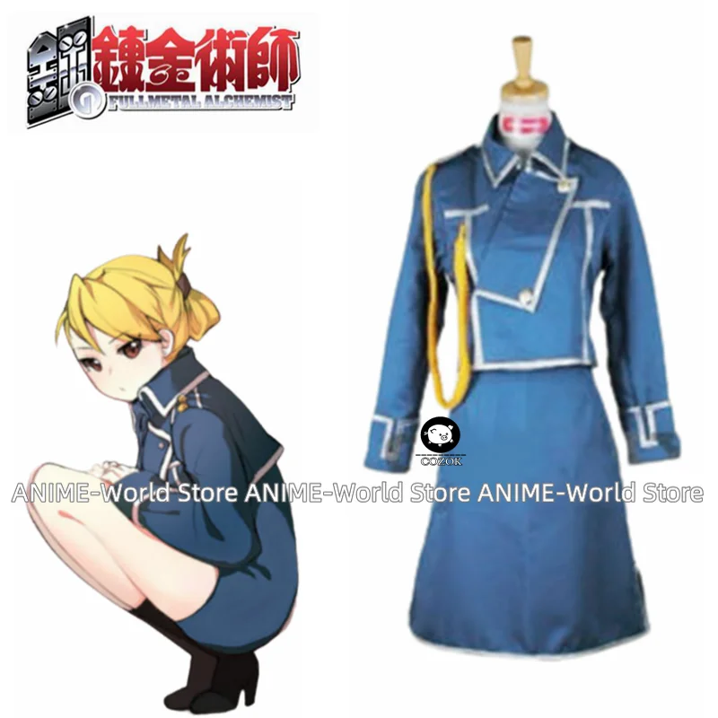 

《Custom size》Anime Fullmetal Alchemist Riza Hawkeye Dress uniform Blue Full Set cosplay costume Any Size