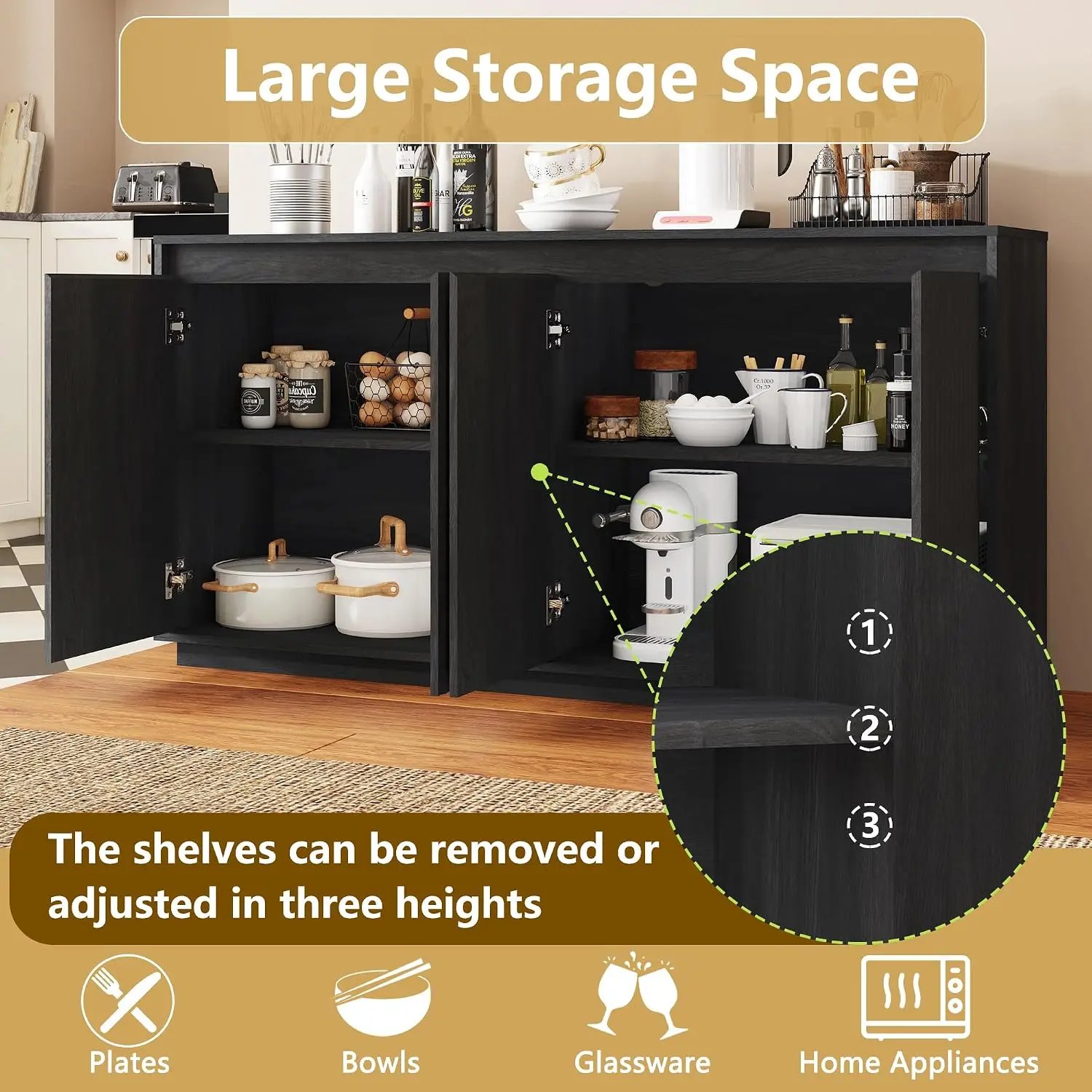 Fluted Black Sideboard Cabinet with Storage & Charging Station, Kitchen Dining Entryway Coffee Bar, Buffet Credenza, Customized image 4