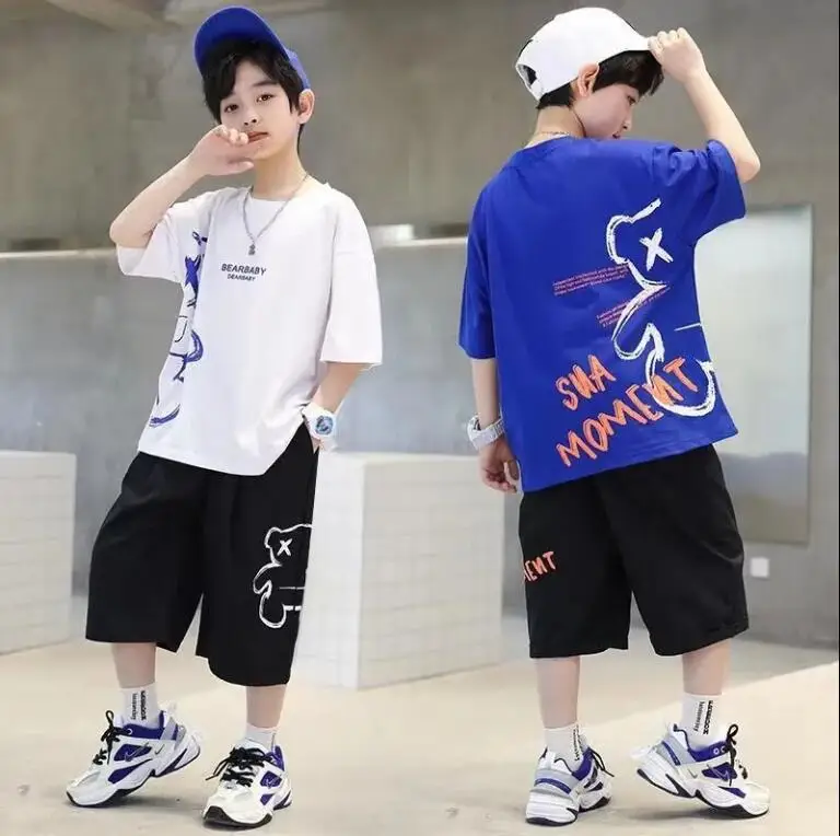 2026 new summer boys set Clothes teenager loose bears short sleeve t-shirt + thin shorts pant 4 5 6 8 10 11 12 year tracksuit