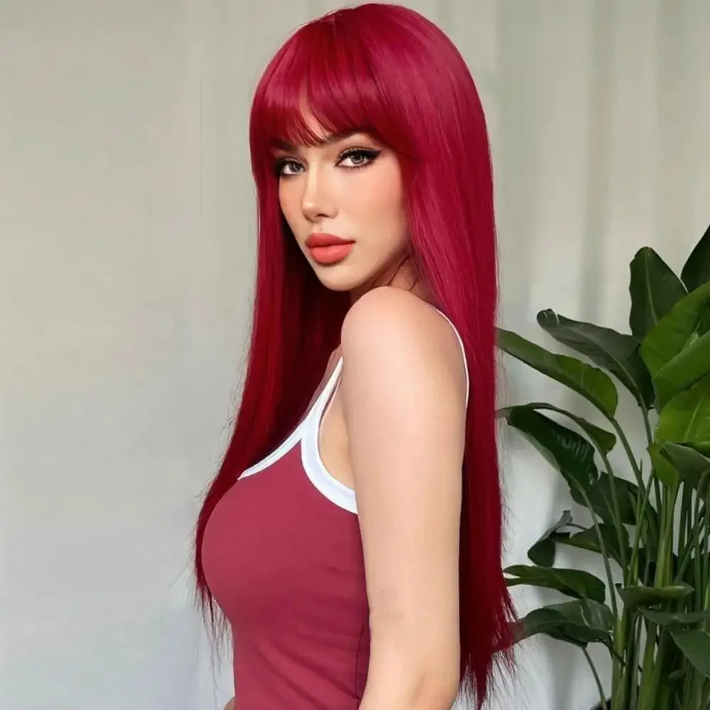 

Mei la red straight bangs long straight synthetic wig | natural simulation high quality breathable headgear