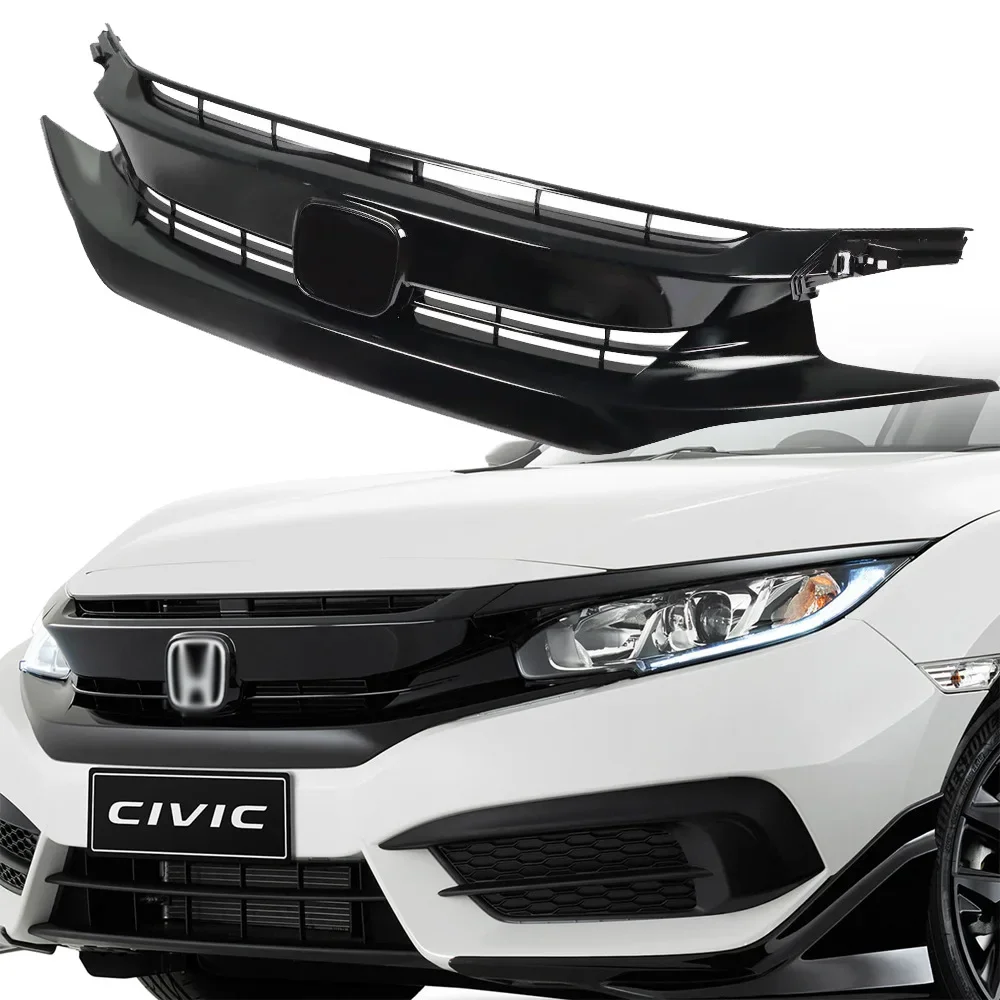 

For Honda Civic 10th 2016 2017 2018 Coupe Sedan Front Grille Racing Grills Upper Bumper Intake Hood Mesh Grid Splitter Spoiler