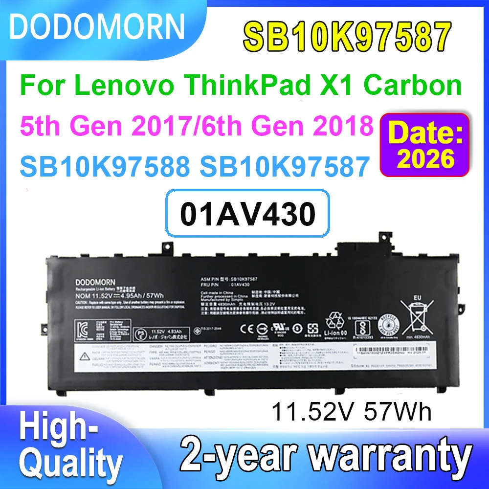 DODOMORN 01AV430  01AV431 For Lenovo ThinkPad X1 Carbon 5th Gen 2017/6th Gen 2018 Series Laptop Battery SB10K97587 01AV494 OEM