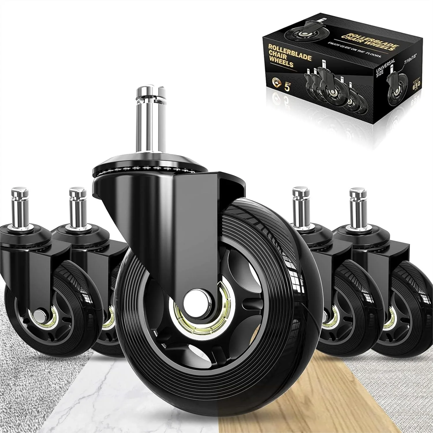 

Office Chair Wheels Set of 5, Rollerblade Caster Wheels Replacement for Gaming Chairs, Heavy Duty 650lbs, Smooth & Quiet for