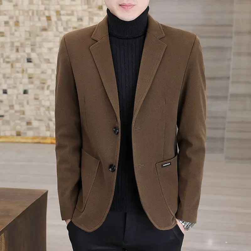 Men's Premium Korean Style Slim Fit Solid Color Wool Blend Casual Blazer Cotton Padded Warm Winter Jacket for Young Men