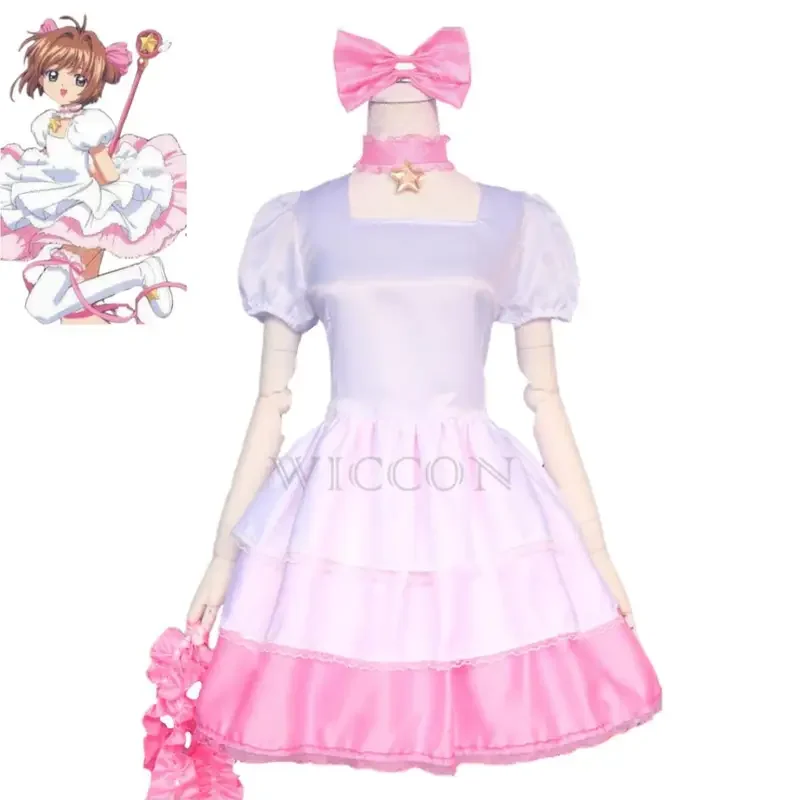 Anime Cardcaptor Sakura Kaart Captor Kinomoto Sakura Cosplay Kostuum Pruik Roze Witte Jurk Lolita Vrouw Kawaii Verjaardagsfeestje Pak