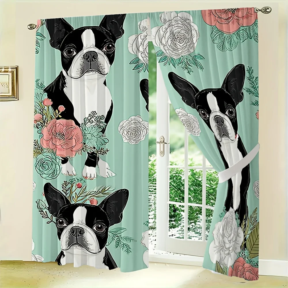 2pcs Boston Terrier Floral Curtains Mint Green Black White Rod Pocket Polyester Light Filtering Modern Decor Living Room Bedroom