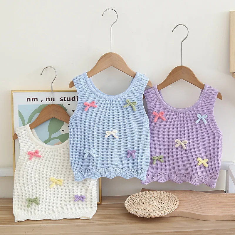 

Toddler Girl Knitted Vest Cute Colorful Bow Decorated 2 - 6 Y Children Clothes Girl Sleeveless Sweater Soft Crochet Tank Top