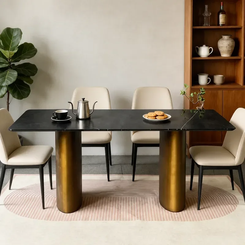 Black and White Marble Dining Table 180x105x74cm Rectangular High End Round Edge Column Foot Dirt Resistant Versatile