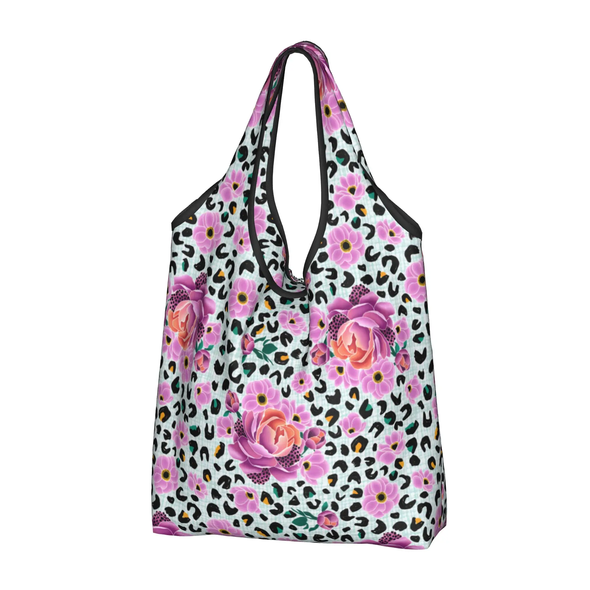 Reusable Floral and Leopard  Shopping Bag Women Tote Bag Portable Wild Bloom Magenta Groceries Shopper Bags