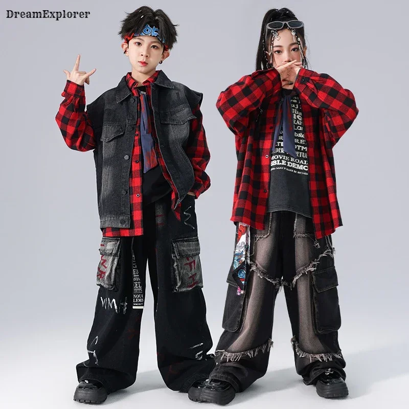 Boys Hip Hop Denim Vest Loose Cargo Jeans Pants Girls Street Dance Plaid Shirt Kids Jazz K-pop Clothes Sets Children Streetwear
